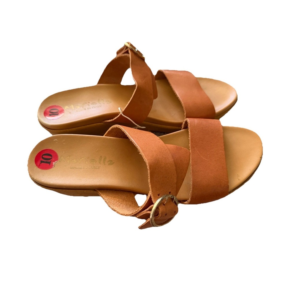 Mariella Tan Leather Wedge Slide Sandals Size 10‎ NWT